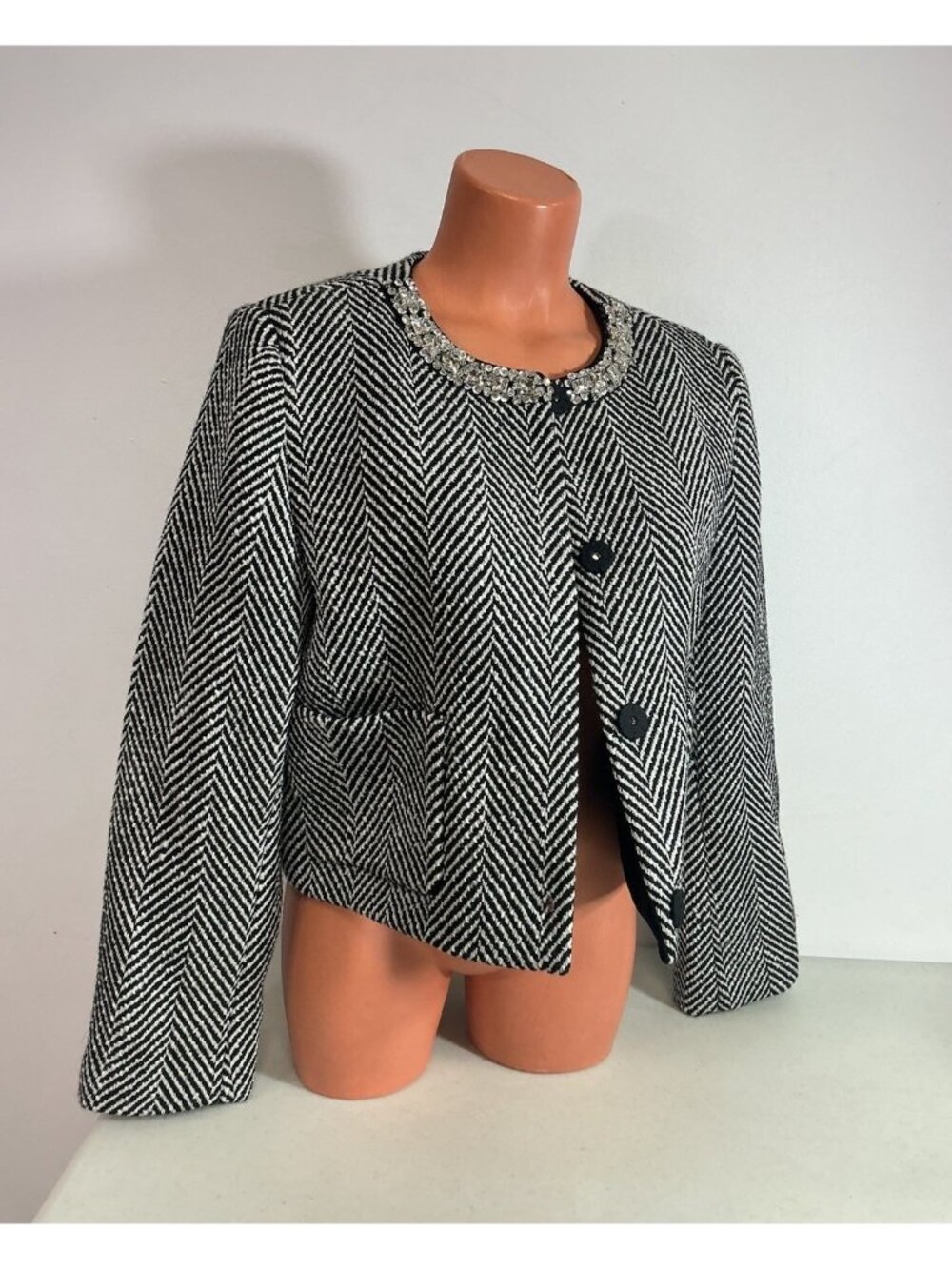 Ann Taylor Wool Tweed Blazer Jacket Jewel Encrusted Neck Womens 12 New